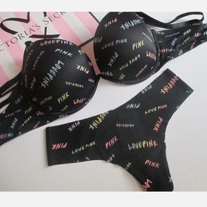 VICTORIA'S SECRET PINK Super Push-Up Bra and Panty Set Black VS NWT